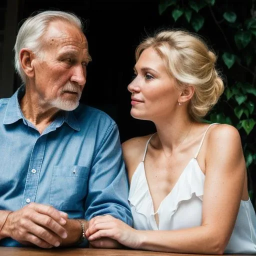 Prompt: The old man is sitting next to a russian woman with blond hair and blue eyes