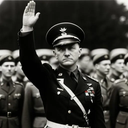 Prompt: A Nazi general salutes his soldiers in World War II, black white photo