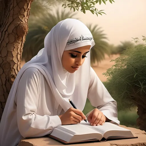 Prompt: Draw a picture of literature and nature andwisdom should be with Saudi Arabia culture women Muslims and titled as wisdom written on it