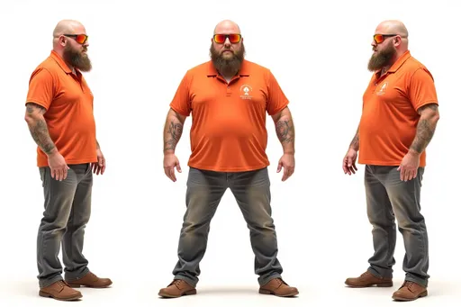 Prompt: A full-body character sheet of photorealistic adult male b8762a70 with bald head, full beard, reflective orange sunglasses, bright orange shirt displayed in three clear views on a clean white background, arranged in a three-column grid pattern with equal spacing and importance. Left panel: front view showing complete anatomical details and outfit. Center panel: perfect 90-degree side view (profile) clearly showing the character's side silhouette, facial profile, and outfit from a direct lateral perspective. Right panel: back view revealing posterior details Each view maintains consistent scale, lighting, and full-body presentation from head to toe. All three perspectives must be equally detailed and given equal prominence in the composition.