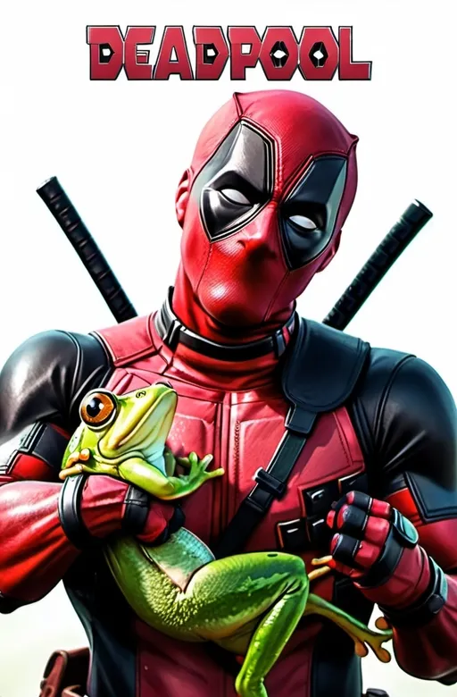 Prompt: con base a la imagen hacer un deadpool abrazando a un sapo