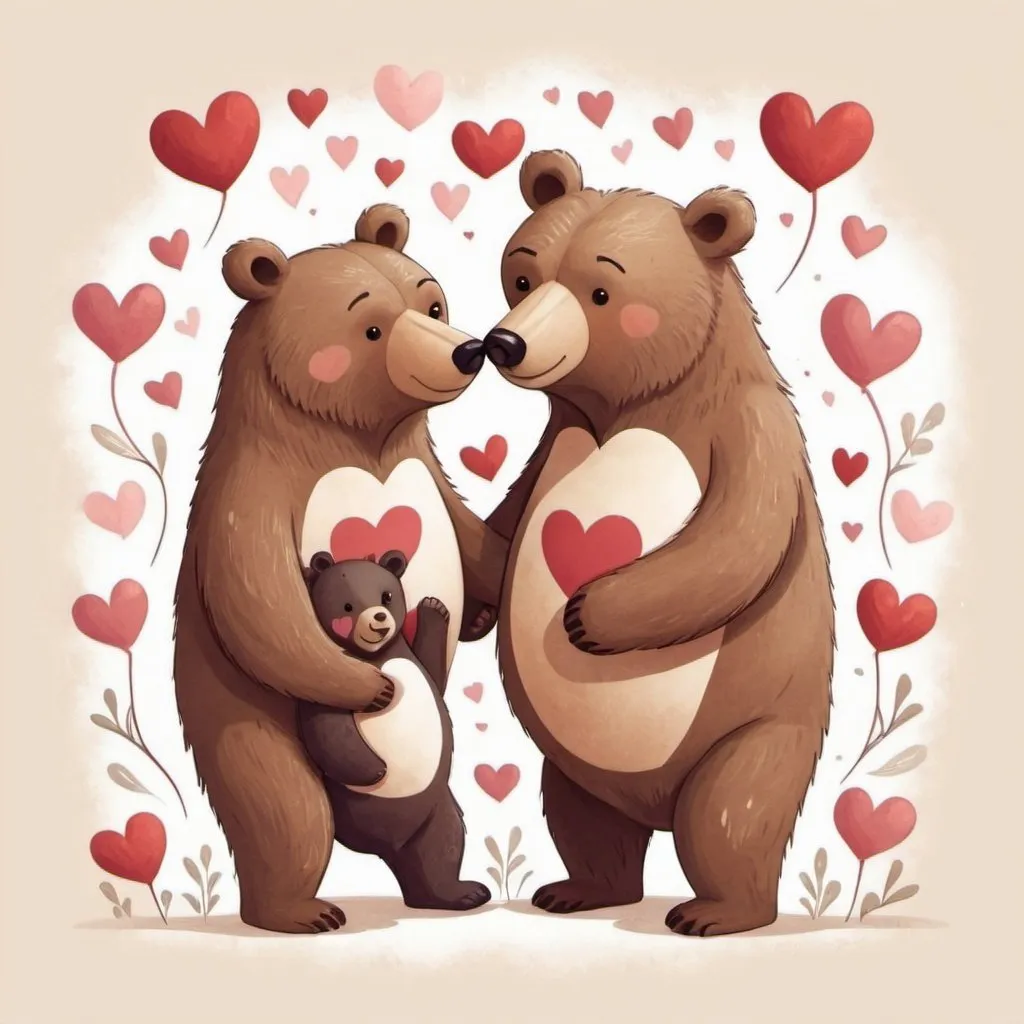 Prompt: mommy, daddy, and one
 kid bear hugging. with hearts around and jumping and playing
