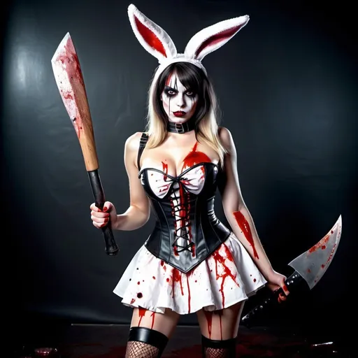 Prompt: a dark and scary woman dressed as a killer easter bunny, wearing a very short skirt and low cut corset with blood spatter on her chest, holding a bloody axe