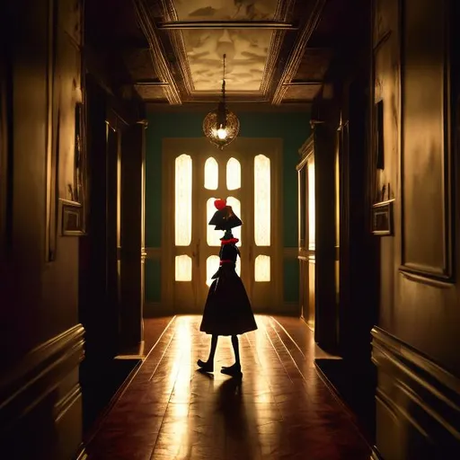 Prompt: Pennywise standing just inside the shadow of a door frame at the end of a long hallway in a highly ornate victorian house