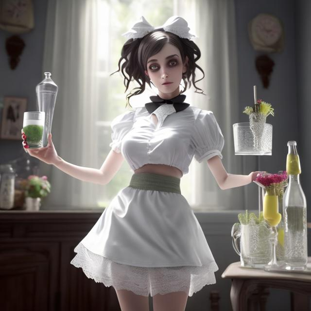 Prompt: a hyper realistic ghost of a maid wearing only a tiny skirt while serving drinks in the living room she haunts
