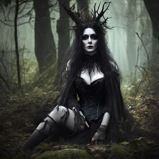 Prompt: A fantasy look at a woman sitting in the woods wearing dark clothing that expose her large cleavage, while talking with dark and creepy wild life. The corset is torn exposing skin and flesh underneath