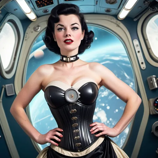 Prompt: A woman dressed in the style of a 1950s space movie, her corset popped open, and in the background she is on a space station orbiting Saturn