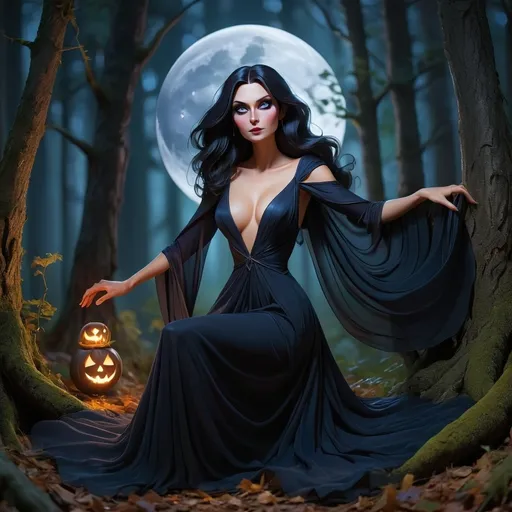 Prompt: A night witch in a flowing, open deep V gown, working under the full moon light in an ancient forest