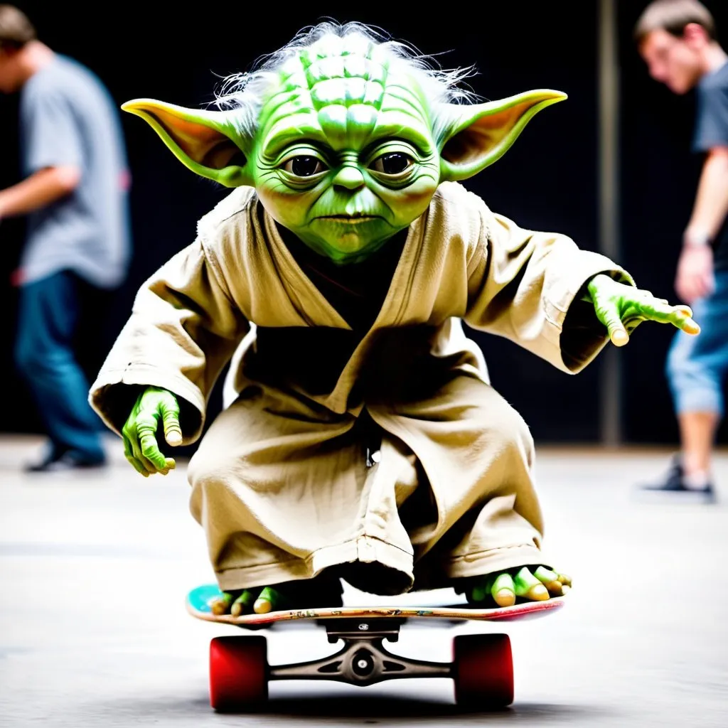 Prompt: Yoda in a skateboard contest agaisnt tony hawk, but yoda can use the force to hover 