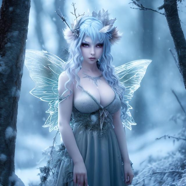 Prompt: A winter fairy with ample cleavage and piercing grey eyes standing alone in the forest late at night