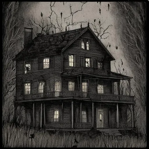 Prompt: A haunted house on a hill that seems to almost be watching anyone walking up the long trail to its door. A very faint ghost in a top story window 