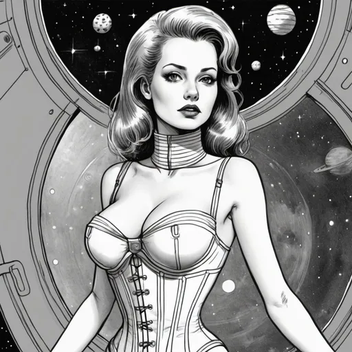 Prompt: A hand drawn image of a woman in space wearing a very revealing corset, almost not even on, in the style of 105-s space age
