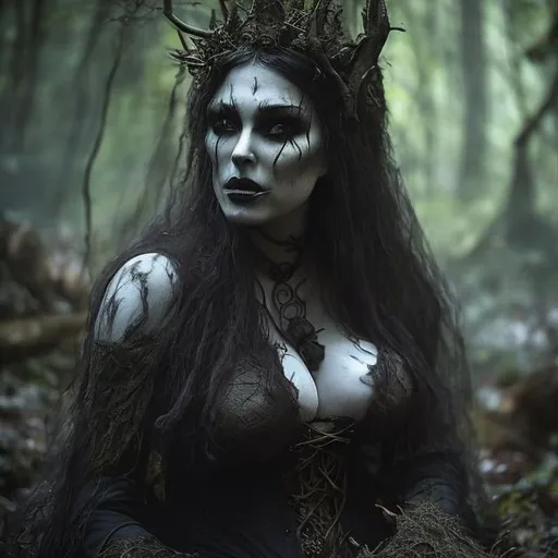 Prompt: A fantasy look at a woman sitting in the woods wearing dark clothing that expose her large cleavage, while talking with dark and creepy wild life