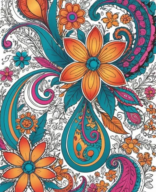 Prompt: create an abstract of coloured in paisley florals for a colouring book