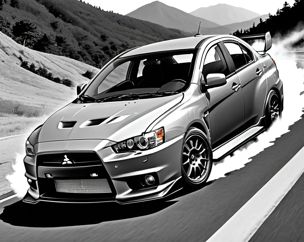 Prompt: Generate an poster ratio image of a 2014 Mitsubishi Lancer Evo X in the style of the Initial D manga in black and white.