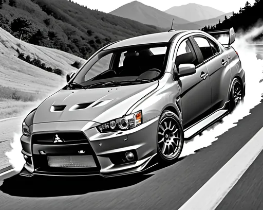 Prompt: Generate an poster ratio image of a 2014 Mitsubishi Lancer Evo X in the style of the Initial D manga in black and white.