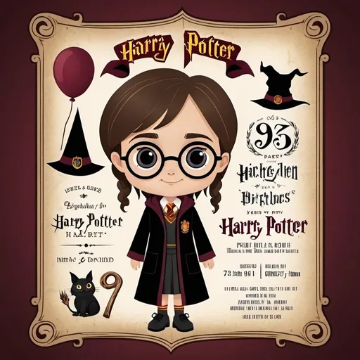 Prompt: Graphical elements for a 7 year old girl’s birthday party invite card featuring popular Harry Potter theme
