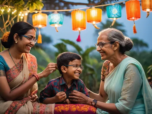Prompt: A joyful family moment unfolds in a vibrant outdoor setting, enhanced by colorful decorative lights along a backdrop of greenery. In the foreground, a man wearing glasses and a traditional patterned shirt beams with a smile, seated beside a woman adorned in an elegant, light blue saree accented with intricate embroidery; she reflects warmth and happiness. Nestled between them is a young boy, playfully flashing a peace sign while looking curiously at the camera, dressed in a matching attire that complements the adults. The scene is illuminated softly, creating a festive atmosphere, while the subtle presence of a blurred figure in the background adds a sense of liveliness to the occasion, suggesting a celebration filled with laughter and togetherness.