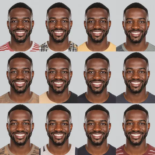 Prompt: Ten different smiling realistic faces of ten different Nigerian Esan African male characters 