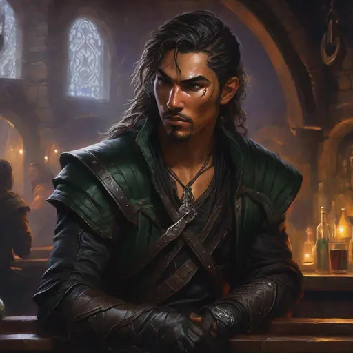 Prompt: a male human rogue with olive skin and braided hair holding a psionic blade in a busy fantasy tavern, ear piercings, scar over left eye, Wearing dark black leathers, former paladin, pendant in the shape of an eye, gloomy atmosphere, Dungeons and Dragons Character Art Style, Dark Fantasy Style, D&D character portrait, fantasy art, oil painting, Dark atmosphere