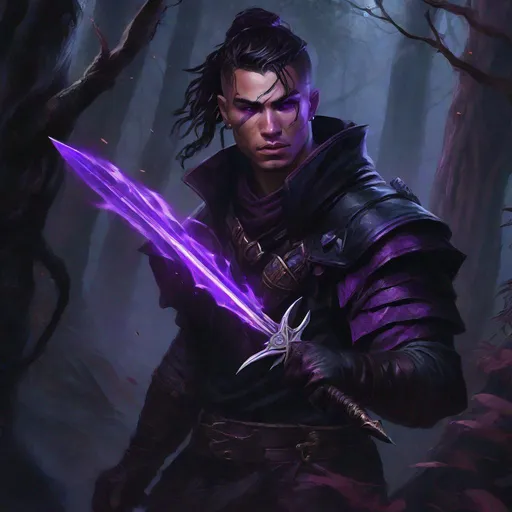 Prompt: a male human rogue with olive skin and braided hair duel wielding purple energy psionic daggers in a dark forest, ear piercings, scar over left eye, Wearing dark black leathers, former paladin, pendant in the shape of an eye, gloomy atmosphere, Dungeons and Dragons Character Art Style, Dark Fantasy Style, D&D character portrait, fantasy art, oil painting, Dark atmosphere