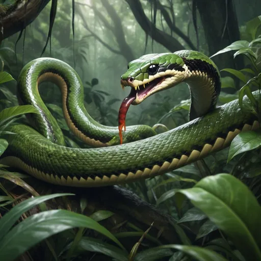 Prompt: An extremely slimey snake glistening with wetness in the jungle trees about to strike a deer. Photorealistic