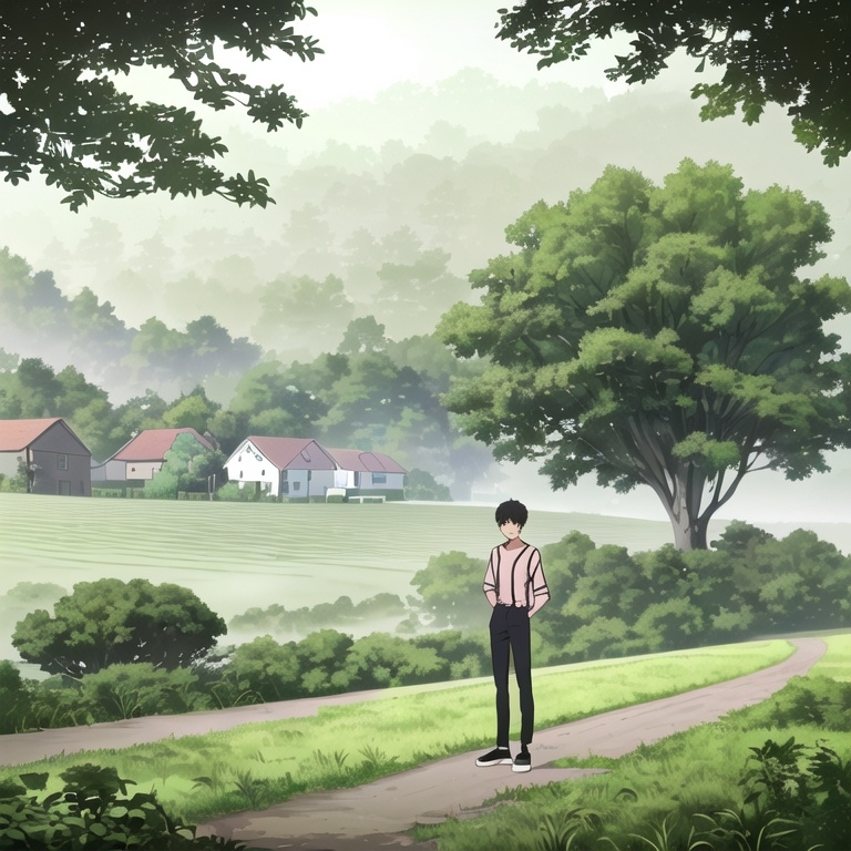 Prompt: Standing confidently on a quiet, winding dirt road, a young boy poses with a relaxed expression, wearing a light pink striped shirt and black trousers. His feet are clad in yellowish slip-on shoes, and his short dark hair frames his face, contributing to his youthful demeanor. Surrounding him are lush green fields, with hints of rural life in the background, including hints of foliage and structures peeking through the misty atmosphere. The scene is bathed in soft, diffused light, suggesting an early morning or late afternoon time, while the overall mood conveys a sense of tranquility and connection to nature. This snapshot captures a moment of serene rural life, highlighting the simplicity and beauty of the environment.