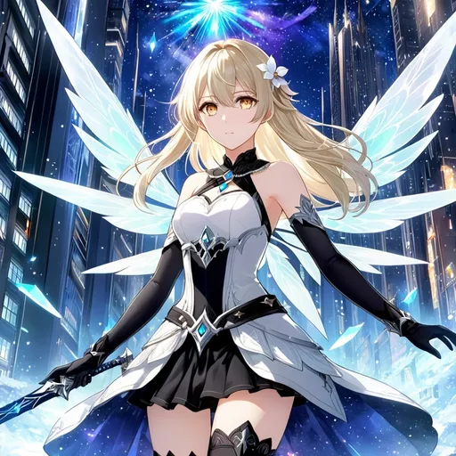 Prompt: anime, girl, detailed, very detailed, a woman in a white shirt inside, black skirt with a sword on a city street with skyscrapers in the background, official art, anime, girl, detailed, very detailed, crystal yellow eyes, very long blonde hair, 8k, detailed eyes, wearing gloves, Anime illustration of a tall woman, light fairy wings, black thigh-highs and black gloves, bright pupils, space, starfalls , high quality, thin body, anime art, detailed eyes, professional, atmospheric lighting, normal hands, five fingers, aura, adult woman, cold face, sharp eyes, 1girl, glowing eyes, Lumine from genshin impact