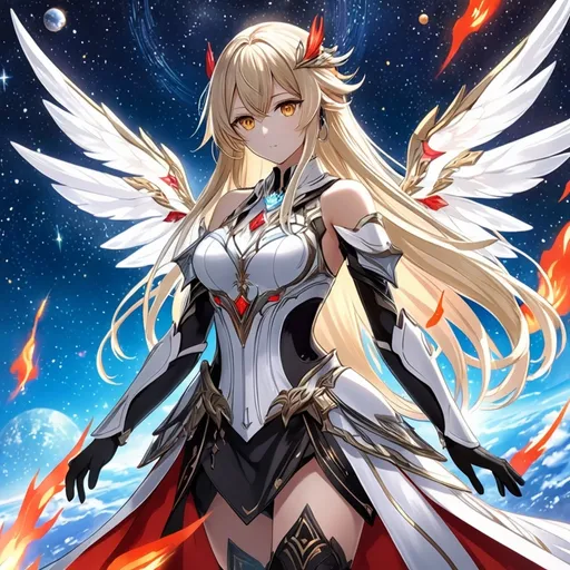 Prompt: anime, girl, detailed, very detailed, a woman in a white clothes, black skirt, stars and galactic in the background, official art, anime, girl, detailed, very detailed, crystal yellow eyes, very long blonde hair, 8k, detailed eyes, Anime illustration of a tall woman,  flame fairy wings, black thigh-highs, bright pupils, space, starfalls , high quality, thin body, anime art, detailed eyes, professional, atmospheric lighting, normal hands, five fingers, aura, adult woman, cold face, sharp eyes, 1girl, glowing eyes, Lumine from genshin impact, dress, textured corset with gold accessories, wearing long black gloves, bare shoulders, pyrokinesis, flame, white long arms shirt with black gloves, a white armor futuristic suit, Very long blonde hair