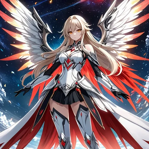 Prompt: anime, girl, detailed, very detailed, a woman in a white clothes, black skirt, stars and galactic in the background, official art, anime, girl, detailed, very detailed, crystal yellow eyes, very long blonde hair, 8k, detailed eyes, Anime illustration of a tall woman,  flame wings, black thigh-highs, bright pupils, space, starfalls , high quality, thin body, anime art, detailed eyes, professional, atmospheric lighting, normal hands, five fingers, aura, adult woman, cold face, sharp eyes, 1girl, glowing eyes, Lumine from genshin impact, dress, textured corset with gold accessories, wearing long black gloves, bare shoulders, pyrokinesis, flame, white long arms shirt with black gloves, a white armor futuristic suit