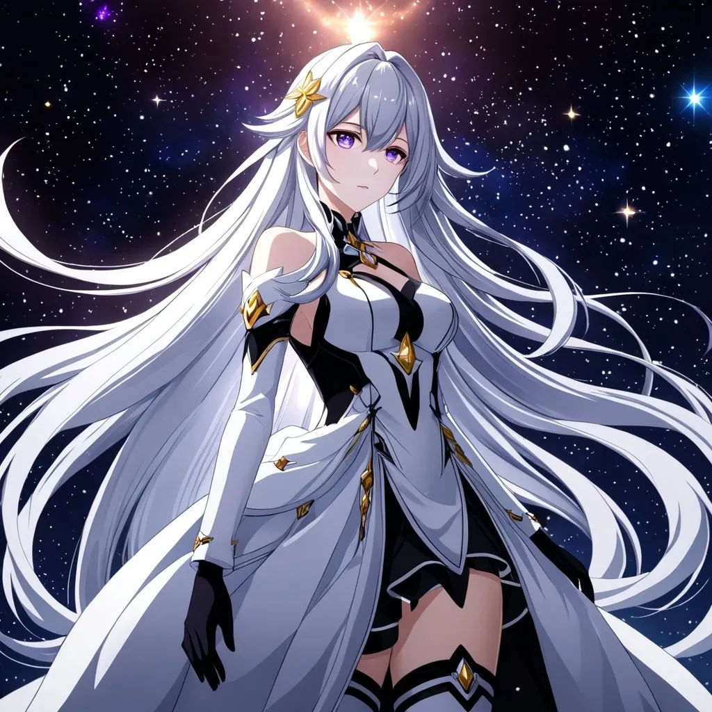 Prompt: Anime illustration of a tall woman with very long black hair, purple empty eyes, wearing a white dress, hands behind back, black thigh-highs and black gloves, bright pupils, space, starfalls , high quality, thin body, anime art, detailed eyes, professional, atmospheric lighting, normal hands, five fingers, goddess, aura, adult woman, cold face, herrscher from honkai impact's outfit, sharp eyes
