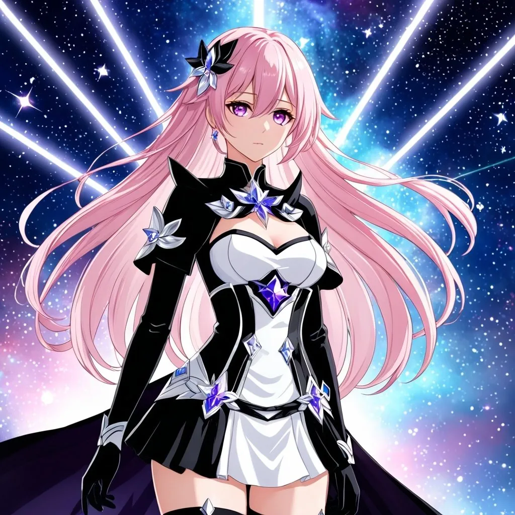 Prompt: anime, girl, detailed, pink hair, very detailed, anime, girl, Crystal purple eyes, long silver hair, galactic background, 8k, he, detailed eyes, glove holding, textured dress, textured corset with silver accessories, Anime illustration of a tall woman wearing a white dress, hands behind back, black thigh-highs and black gloves, bright pupils, space, starfalls , high quality, thin body, anime art, detailed eyes, professional, atmospheric lighting, normal hands, five fingers, aura, adult woman, cold face, herrscher from honkai impact's outfit, sharp eyes, 1girl, black cape, glowing eyes