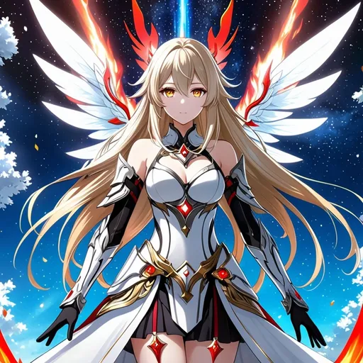 Prompt: anime, girl, detailed, very detailed, a woman in a white clothes, black skirt, stars and galactic in the background, official art, anime, girl, detailed, very detailed, crystal yellow eyes, very long blonde hair, 8k, detailed eyes, Anime illustration of a tall woman,  flame fairy wings, black thigh-highs, bright pupils, space, starfalls , high quality, thin body, anime art, detailed eyes, professional, atmospheric lighting, normal hands, five fingers, aura, adult woman, cold face, sharp eyes, 1girl, glowing eyes, Lumine from genshin impact, dress, textured corset with gold accessories, wearing long black gloves, bare shoulders, pyrokinesis, flame, white long arms shirt with black gloves, a white armor futuristic suit