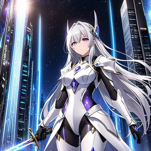 Prompt: anime, girl, detailed, very detailed, a woman in a white armor futuristic suit with a sword on a city street with skyscrapers in the background, official art, anime, girl, detailed, very detailed, crystal purple eyes, very long silver hair, 8k, he, detailed eyes, glove holding, Anime illustration of a tall woman, hands behind back, black thigh-highs and black gloves, bright pupils, space, starfalls , high quality, thin body, anime art, detailed eyes, professional, atmospheric lighting, normal hands, five fingers, aura, adult woman, cold face, sharp eyes, 1girl, glowing eyes