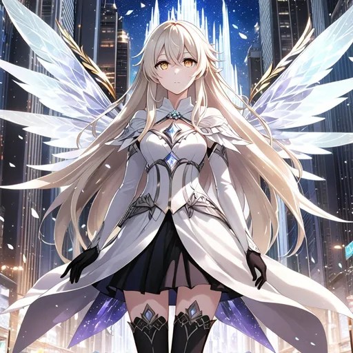 Prompt: anime, girl, detailed, very detailed, a woman in a white shirt inside, black skirt with a sword on a city street with skyscrapers in the background, official art, anime, girl, detailed, very detailed, crystal yellow eyes, very long blonde hair, 8k, detailed eyes, Anime illustration of a tall woman, light fairy wings, black thigh-highs, bright pupils, space, starfalls , high quality, thin body, anime art, detailed eyes, professional, atmospheric lighting, normal hands, five fingers, aura, adult woman, cold face, sharp eyes, 1girl, glowing eyes, Lumine from genshin impact, dress, textured corset with gold accessories, wearing long black gloves