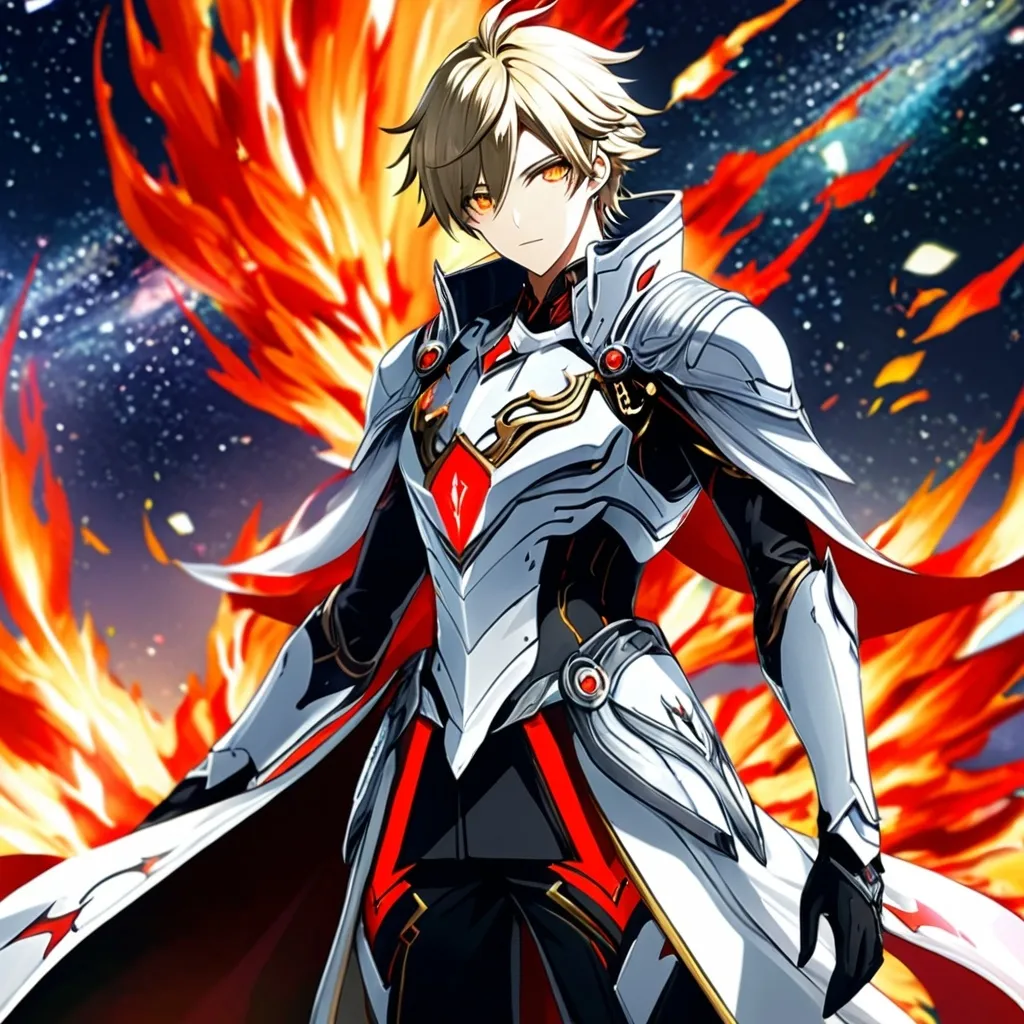 Prompt: a tall man and flame in the background, anime, man, detailed, very detailed, a men in a white clothes, black skirt, stars and galactic in the background, official art, anime, detailed, very detailed, crystal yellow eyes, short blonde hair, 8k, detailed eyes, Anime illustration of a tall man, black pants with a black boots, bright pupils, space, starfalls , high quality, anime art, detailed eyes, professional, atmospheric lighting, normal hands, five fingers, aura, adult man, cold face, sharp eyes, 1man, glowing eyes, Aether from genshin impact, pyrokinesis, flame, black gloves, a white fantasy armor suit