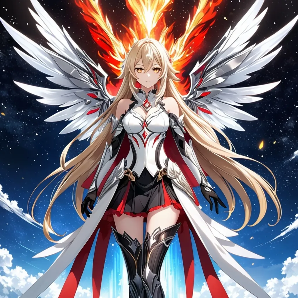 Prompt: anime, girl, detailed, very detailed, a woman in a white clothes, black skirt, stars and galactic in the background, official art, anime, girl, detailed, very detailed, crystal yellow eyes, very long blonde hair, 8k, detailed eyes, Anime illustration of a tall woman,  flame fairy wings, black thigh-highs, bright pupils, space, starfalls , high quality, thin body, anime art, detailed eyes, professional, atmospheric lighting, normal hands, five fingers, aura, adult woman, cold face, sharp eyes, 1girl, glowing eyes, Lumine from genshin impact, dress, textured corset with gold accessories, wearing long black gloves, bare shoulders, pyrokinesis, flame, white long arms shirt with black gloves, a white armor futuristic suit, Very long blonde hair, cape