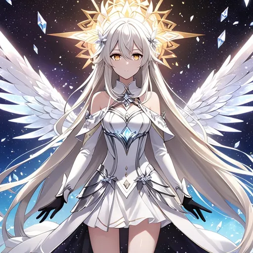 Prompt: anime, girl, detailed, very detailed, a woman in a white clothes, black skirt, stars and galactic in the background, official art, anime, girl, detailed, very detailed, crystal yellow eyes, very long blonde hair, 8k, detailed eyes, Anime illustration of a tall woman, gold light fairy wings, black thigh-highs, bright pupils, space, starfalls , high quality, thin body, anime art, detailed eyes, professional, atmospheric lighting, normal hands, five fingers, aura, adult woman, cold face, sharp eyes, 1girl, glowing eyes, Lumine from genshin impact, dress, textured corset with gold accessories, wearing long black gloves, bare shoulders, pyrokinesis, flame, white long arms shirt with black gloves