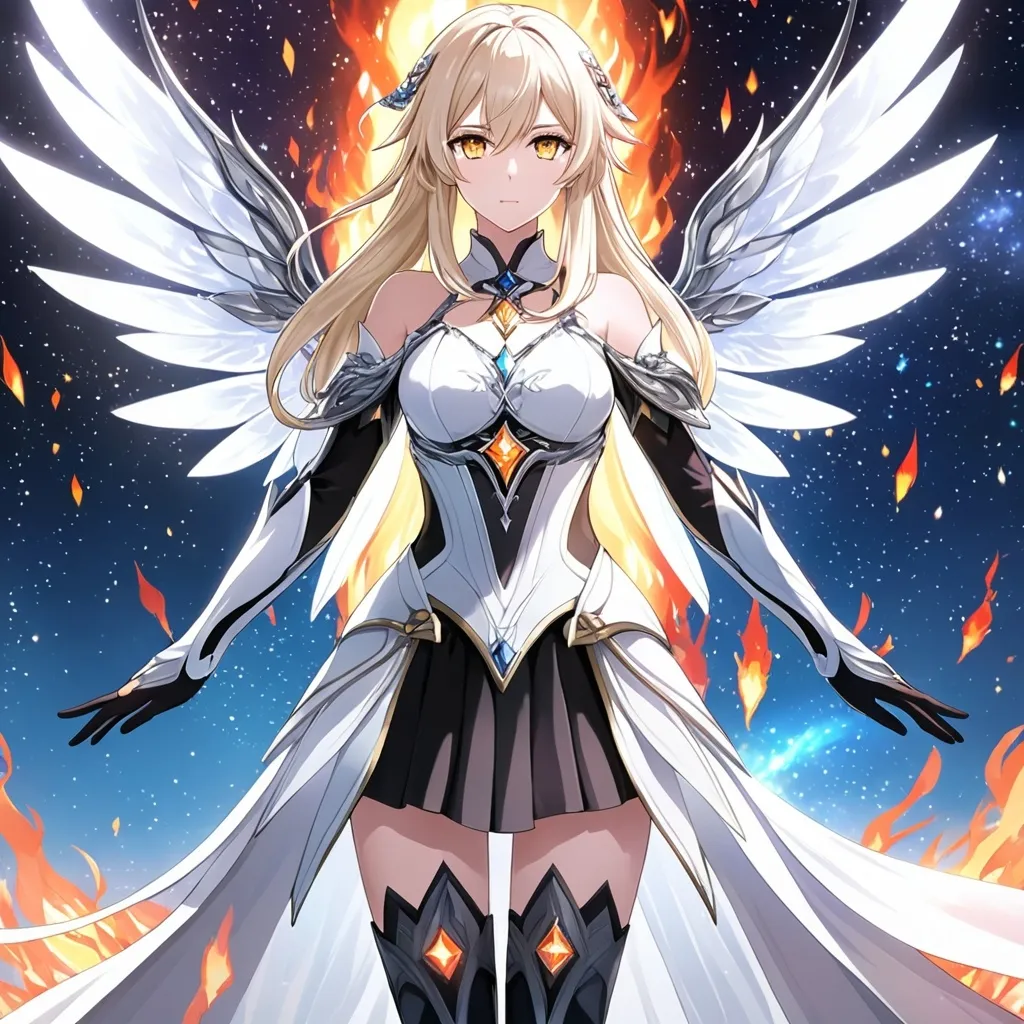 Prompt: anime, girl, detailed, very detailed, a woman in a white clothes, black skirt, stars and galactic in the background, official art, anime, girl, detailed, very detailed, crystal yellow eyes, very long blonde hair, 8k, detailed eyes, Anime illustration of a tall woman,  flame fairy wings, black thigh-highs, bright pupils, space, starfalls , high quality, thin body, anime art, detailed eyes, professional, atmospheric lighting, normal hands, five fingers, aura, adult woman, cold face, sharp eyes, 1girl, glowing eyes, Lumine from genshin impact, dress, textured corset with gold accessories, wearing long black gloves, bare shoulders, pyrokinesis, flame, white long arms shirt with black gloves, a white armor futuristic suit