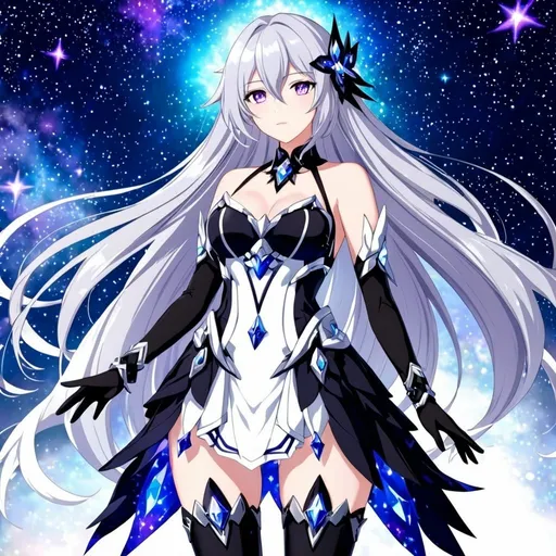 Prompt: Crystal purple eyes, very long silver hair, galactic background, 8k, he, detailed eyes, glove holding, textured dress, textured corset with silver accessories, Anime illustration of a tall woman wearing a white dress, hands behind back, black thigh-highs and black gloves, bright pupils, space, starfalls , high quality, thin body, anime art, detailed eyes, professional, atmospheric lighting, normal hands, five fingers, aura, adult woman, cold face, herrscher from honkai impact's outfit, sharp eyes, 1girl, glowing eyes, sun