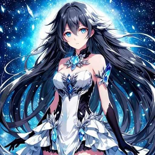 Prompt: Crystal blue eyes, very long black hair, galactic background, 8k, he, detailed eyes, glove holding, textured dress, textured corset with silver accessories, Anime illustration of a tall woman wearing a white dress, hands behind back, black thigh-highs and black gloves, bright pupils, space, starfalls , high quality, thin body, anime art, detailed eyes, professional, atmospheric lighting, normal hands, five fingers, aura, adult woman, cold face, herrscher from honkai impact's outfit, sharp eyes, 1girl, glowing eyes, sun