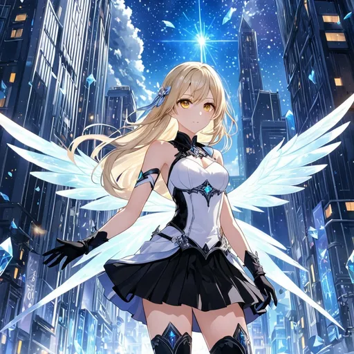 Prompt: anime, girl, detailed, very detailed, a woman in a white shirt inside, black skirt with a sword on a city street with skyscrapers in the background, official art, anime, girl, detailed, very detailed, crystal yellow eyes, very long blonde hair, 8k, detailed eyes, wearing gloves, Anime illustration of a tall woman, light fairy wings, black thigh-highs and black gloves, bright pupils, space, starfalls , high quality, thin body, anime art, detailed eyes, professional, atmospheric lighting, normal hands, five fingers, aura, adult woman, cold face, sharp eyes, 1girl, glowing eyes, Lumine from genshin impact