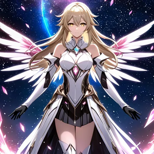 Prompt: anime, girl, detailed, very detailed, a woman in a white clothes, black skirt, stars and galactic in the background, official art, anime, girl, detailed, very detailed, crystal yellow eyes, very long blonde hair, 8k, detailed eyes, Anime illustration of a tall woman,  flame fairy wings, black thigh-highs, bright pupils, space, starfalls , high quality, thin body, anime art, detailed eyes, professional, atmospheric lighting, normal hands, five fingers, aura, adult woman, cold face, sharp eyes, 1girl, glowing eyes, Lumine from genshin impact, dress, textured corset with gold accessories, wearing long black gloves, bare shoulders, pyrokinesis, flame, white long arms shirt with black gloves, a white armor futuristic suit, Very long blonde hair