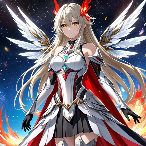 Prompt: anime, girl, detailed, very detailed, a woman in a white clothes, black skirt, stars and galactic in the background, official art, anime, girl, detailed, very detailed, crystal yellow eyes, very long blonde hair, 8k, detailed eyes, Anime illustration of a tall woman,  flame fairy wings, black thigh-highs, bright pupils, space, starfalls , high quality, thin body, anime art, detailed eyes, professional, atmospheric lighting, normal hands, five fingers, aura, adult woman, cold face, sharp eyes, 1girl, glowing eyes, Lumine from genshin impact, dress, textured corset with gold accessories, wearing long black gloves, bare shoulders, pyrokinesis, flame, white long arms shirt with black gloves, a white armor futuristic suit