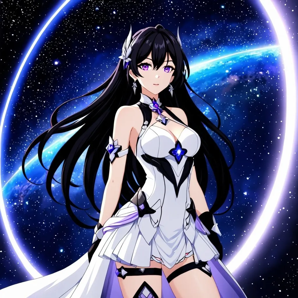 Prompt: Anime illustration of a tall woman with very long black hair, purple eyes, wearing a white dress, hands behind back, black thigh-highs, and gloves, bright pupils, space, stars , high quality, thin body, anime art, detailed eyes, professional, atmospheric lighting, normal hands, five fingers, goddess, aura, adult woman, herrscher from honkai impact's outfit, ponytail hairstyle