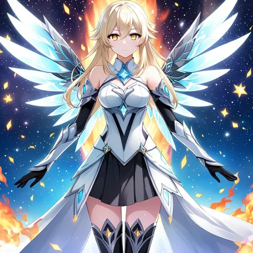 Prompt: anime, girl, detailed, very detailed, a woman in a white clothes, black skirt, stars and galactic in the background, official art, anime, girl, detailed, very detailed, crystal yellow eyes, very long blonde hair, 8k, detailed eyes, Anime illustration of a tall woman,  flame fairy wings, black thigh-highs, bright pupils, space, starfalls , high quality, thin body, anime art, detailed eyes, professional, atmospheric lighting, normal hands, five fingers, aura, adult woman, cold face, sharp eyes, 1girl, glowing eyes, Lumine from genshin impact, dress, textured corset with gold accessories, wearing long black gloves, bare shoulders, pyrokinesis, flame, white long arms shirt with black gloves, a white armor futuristic suit