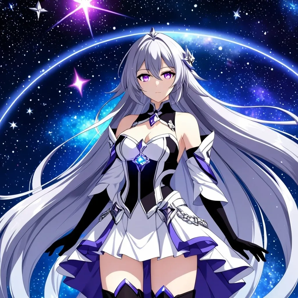 Prompt: Crystal purple eyes, very long silver hair, galactic background, 8k, he, detailed eyes, glove holding, textured dress, textured corset with silver accessories, Anime illustration of a tall woman wearing a white dress, hands behind back, black thigh-highs and black gloves, bright pupils, space, starfalls , high quality, thin body, anime art, detailed eyes, professional, atmospheric lighting, normal hands, five fingers, aura, adult woman, cold face, herrscher from honkai impact's outfit, sharp eyes, 1girl, glowing eyes