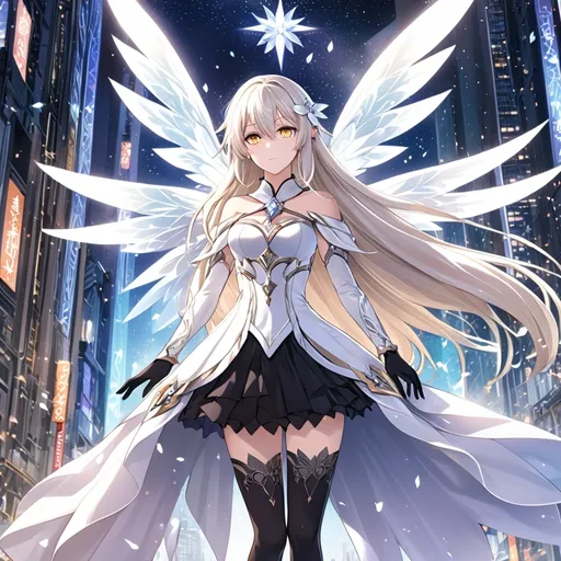 Prompt: anime, girl, detailed, very detailed, a woman in a white clothes, black skirt with a sword on a city street with skyscrapers in the background, official art, anime, girl, detailed, very detailed, crystal yellow eyes, very long blonde hair, 8k, detailed eyes, Anime illustration of a tall woman, gold light fairy wings, black thigh-highs, bright pupils, space, starfalls , high quality, thin body, anime art, detailed eyes, professional, atmospheric lighting, normal hands, five fingers, aura, adult woman, cold face, sharp eyes, 1girl, glowing eyes, Lumine from genshin impact, dress, textured corset with gold accessories, wearing long black gloves, bare shoulders, pyrokinesis, flame, white long arms shirt with black gloves