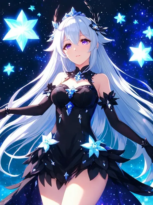 Prompt: Anime illustration of a tall woman with very long white hair, purple eyes, wearing a white dress, hands behind back, black thigh-highs, and gloves, bright pupils, space, stars , high quality, thin body, anime art, detailed eyes, professional, atmospheric lighting, normal hands, five fingers, goddess, halo, adult woman, herrscher from honkai impact's outfit