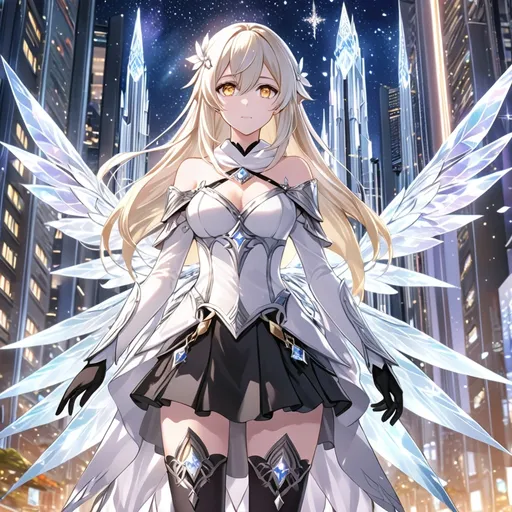 Prompt: anime, girl, detailed, very detailed, a woman in a white shirt inside, black skirt with a sword on a city street with skyscrapers in the background, official art, anime, girl, detailed, very detailed, crystal yellow eyes, very long blonde hair, 8k, detailed eyes, Anime illustration of a tall woman, light fairy wings, black thigh-highs, bright pupils, space, starfalls , high quality, thin body, anime art, detailed eyes, professional, atmospheric lighting, normal hands, five fingers, aura, adult woman, cold face, sharp eyes, 1girl, glowing eyes, Lumine from genshin impact, dress, textured corset with gold accessories, wearing long black gloves, bare shoulders